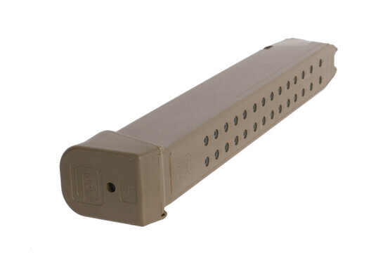 Glock high capacity OEM 9mm Gen 5 G17 pistol magazine with flared base plate and FDE polymer body with steel reinforced core.